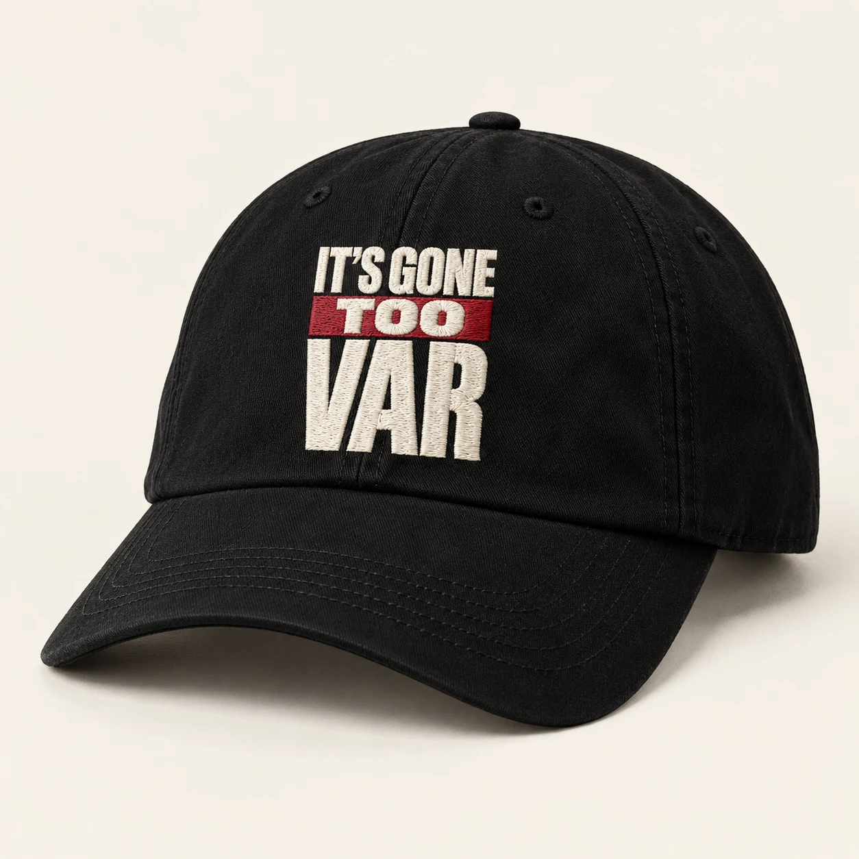 Design mockup of a black curved-peak cap with an embroidered It’s Gone Too VAR logo